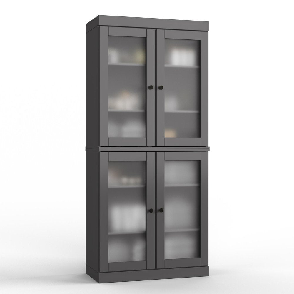 32" Gray Solid Wood Glass Panel Inlay Double Door Linen Cabinet