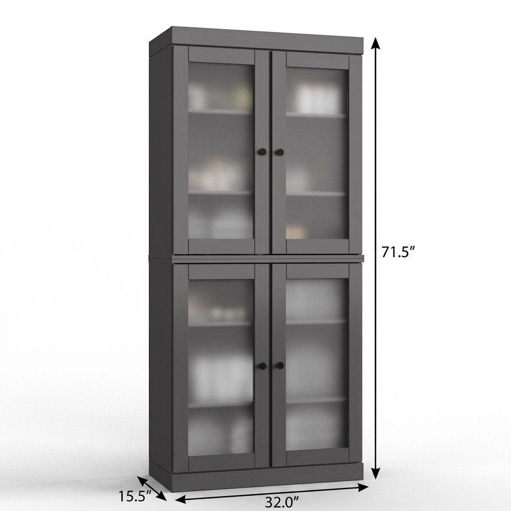 32" Gray Solid Wood Glass Panel Inlay Double Door Linen Cabinet