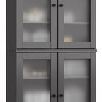 32" Gray Solid Wood Glass Panel Inlay Double Door Linen Cabinet
