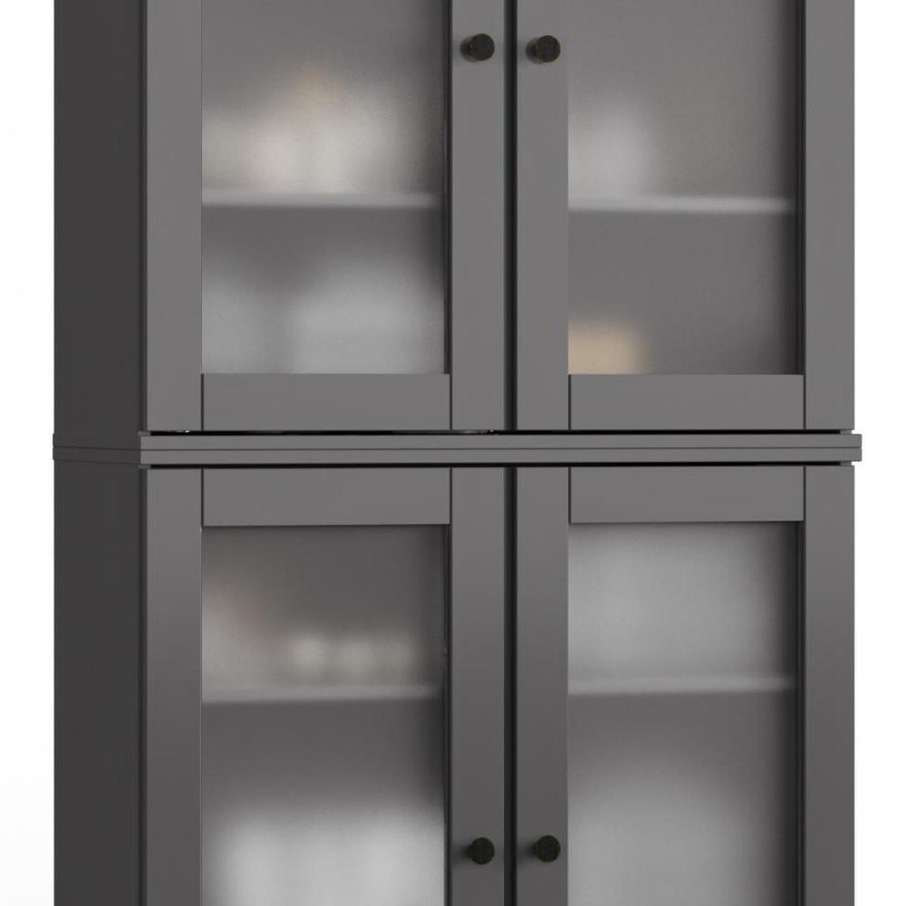 32" Gray Solid Wood Glass Panel Inlay Double Door Linen Cabinet