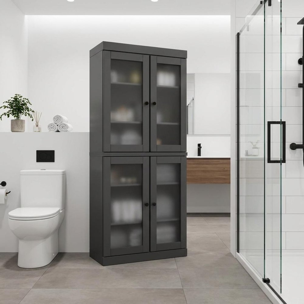 32" Gray Solid Wood Glass Panel Inlay Double Door Linen Cabinet