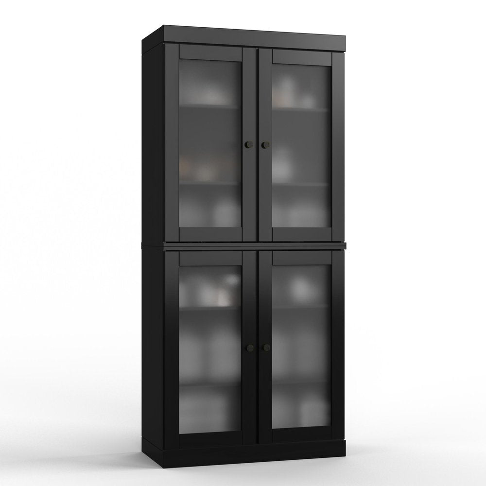 32" Black Solid Wood Glass Panel Inlay Double Door Linen Cabinet