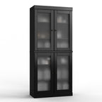 32" Black Solid Wood Glass Panel Inlay Double Door Linen Cabinet