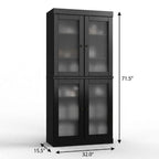 32" Black Solid Wood Glass Panel Inlay Double Door Linen Cabinet
