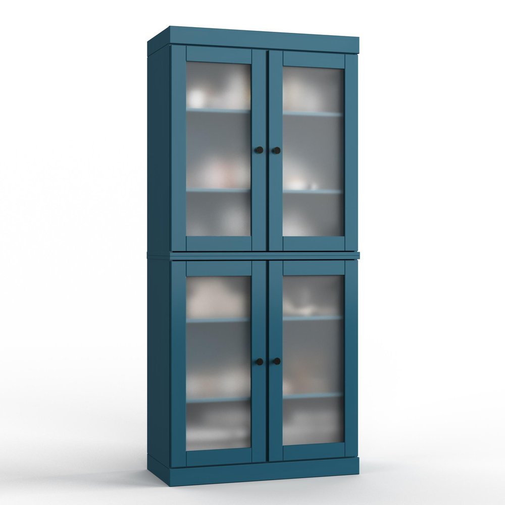 32" Teal Blue Solid Wood Glass Panel Inlay Double Door Linen Cabinet