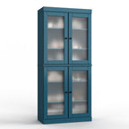32" Teal Blue Solid Wood Glass Panel Inlay Double Door Linen Cabinet