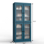32" Teal Blue Solid Wood Glass Panel Inlay Double Door Linen Cabinet