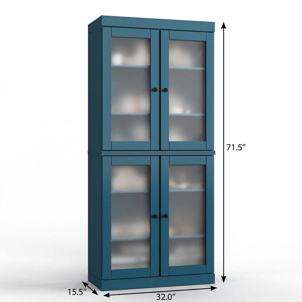 32" Teal Blue Solid Wood Glass Panel Inlay Double Door Linen Cabinet