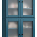 32" Teal Blue Solid Wood Glass Panel Inlay Double Door Linen Cabinet