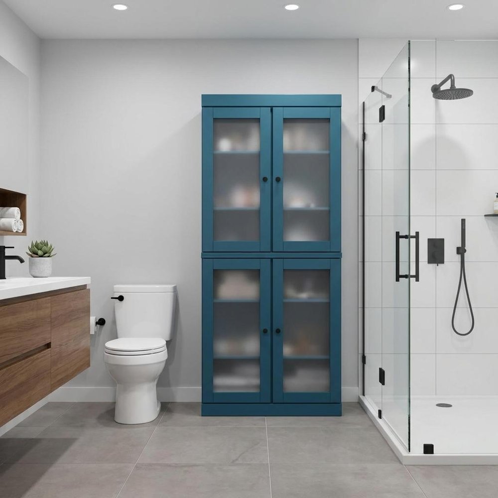 32" Teal Blue Solid Wood Glass Panel Inlay Double Door Linen Cabinet