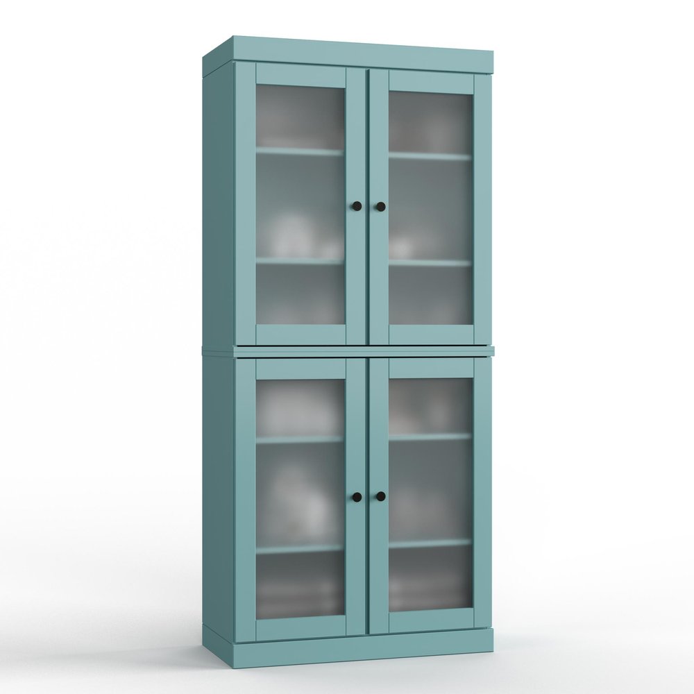 32" Aqua Solid Wood Glass Panel Inlay Double Door Linen Cabinet