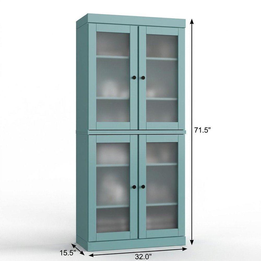 32" Aqua Solid Wood Glass Panel Inlay Double Door Linen Cabinet