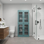 32" Aqua Solid Wood Glass Panel Inlay Double Door Linen Cabinet