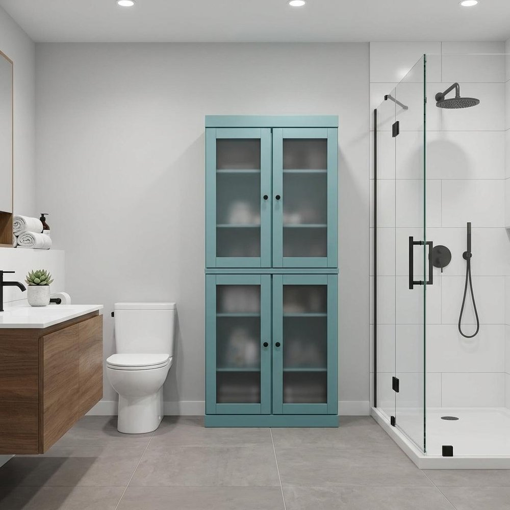 32" Aqua Solid Wood Glass Panel Inlay Double Door Linen Cabinet