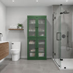 32" Green Solid Wood Glass Panel Inlay Double Door Linen Cabinet
