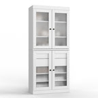 32" White Solid Wood Glass Panel Inlay Double Door Linen Cabinet