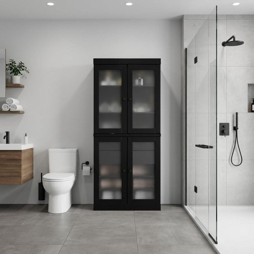 32" Black Solid Wood Glass Panel Inlay Double Door Linen Cabinet
