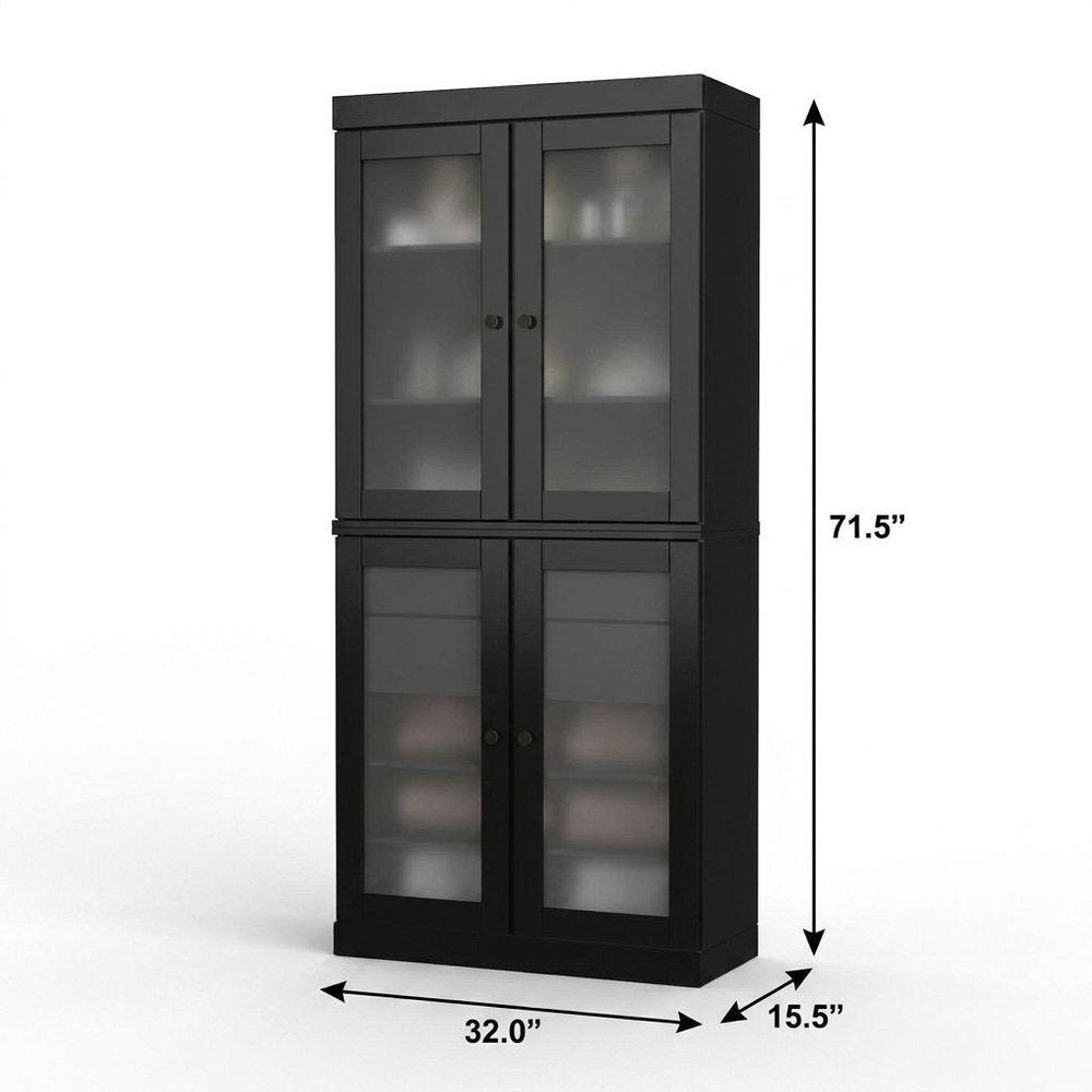 32" Black Solid Wood Glass Panel Inlay Double Door Linen Cabinet
