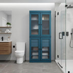 32" Teal Blue Solid Wood Glass Panel Inlay Double Door Linen Cabinet