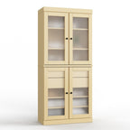 32" Yellow Solid Wood Glass Panel Inlay Double Door Linen Cabinet