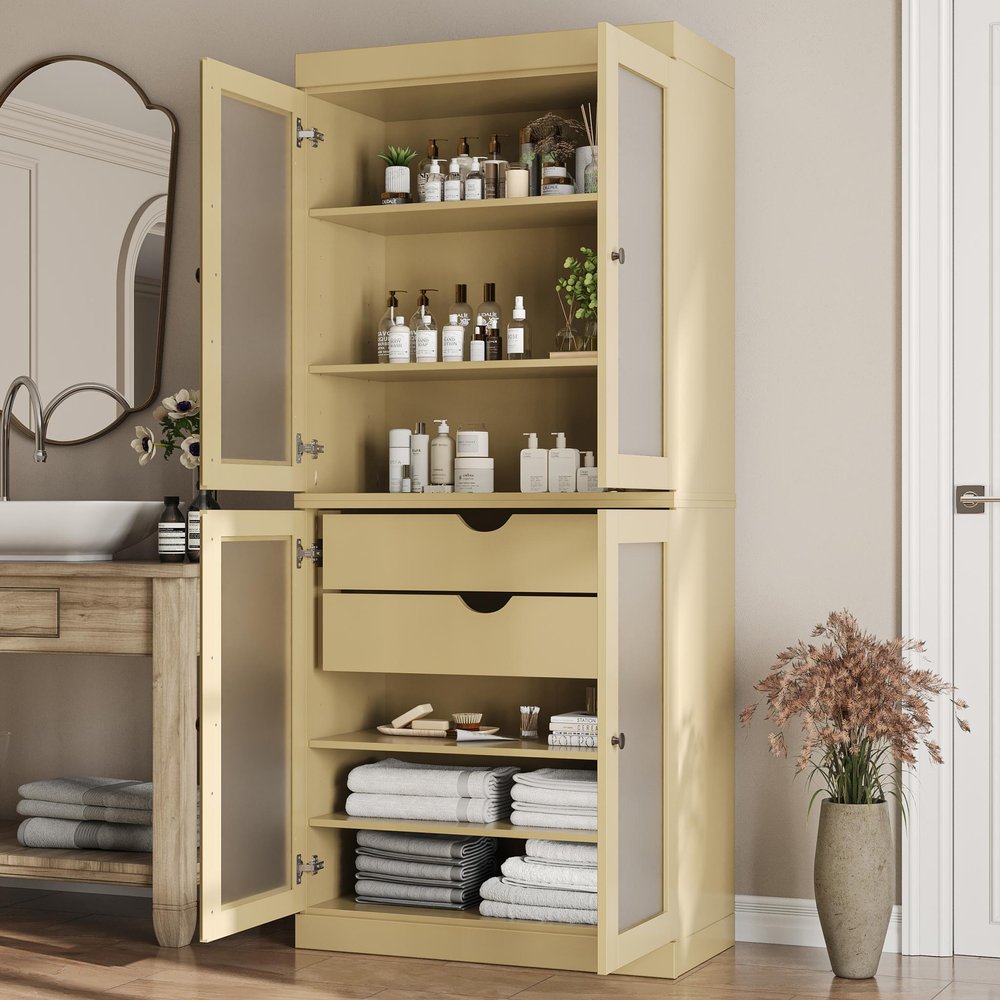 32" Yellow Solid Wood Glass Panel Inlay Double Door Linen Cabinet