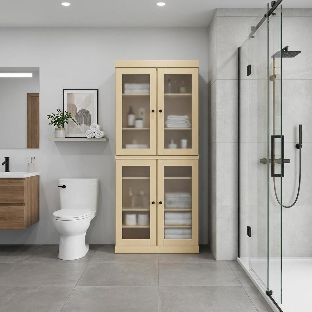 32" Yellow Solid Wood Glass Panel Inlay Double Door Linen Cabinet