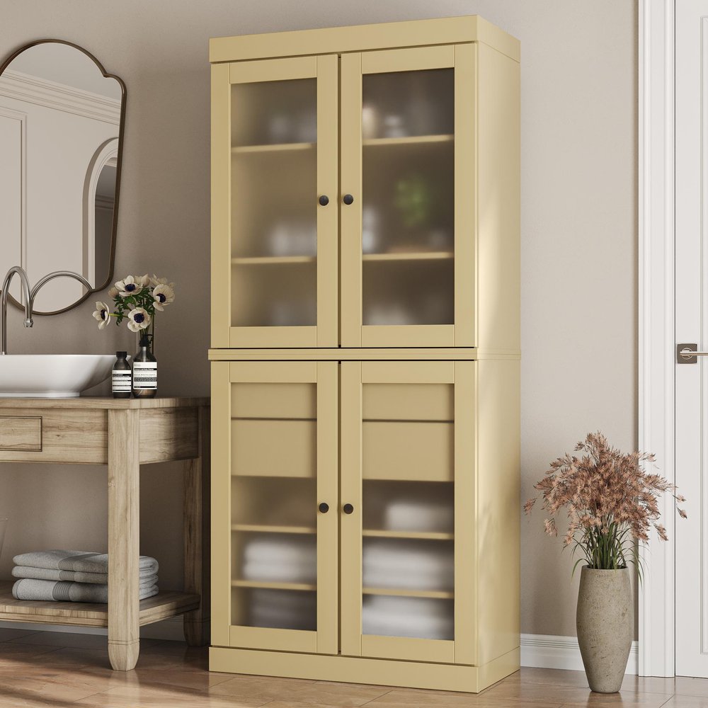 32" Yellow Solid Wood Glass Panel Inlay Double Door Linen Cabinet