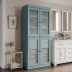32" Aqua Solid Wood Glass Panel Inlay Double Door Linen Cabinet