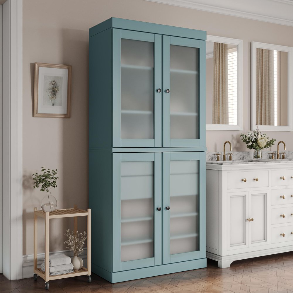 32" Aqua Solid Wood Glass Panel Inlay Double Door Linen Cabinet