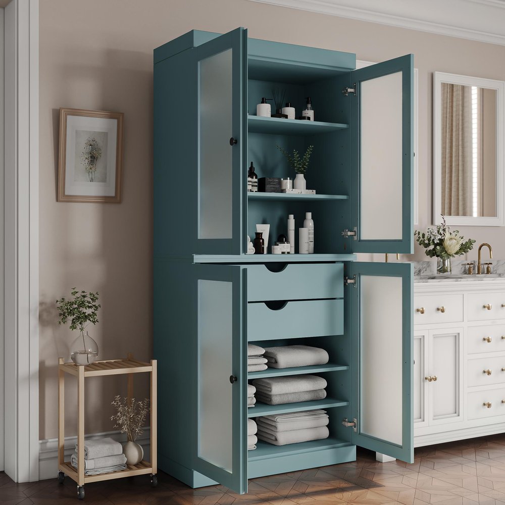 32" Aqua Solid Wood Glass Panel Inlay Double Door Linen Cabinet