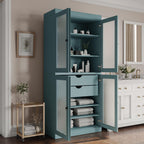 32" Aqua Solid Wood Glass Panel Inlay Double Door Linen Cabinet