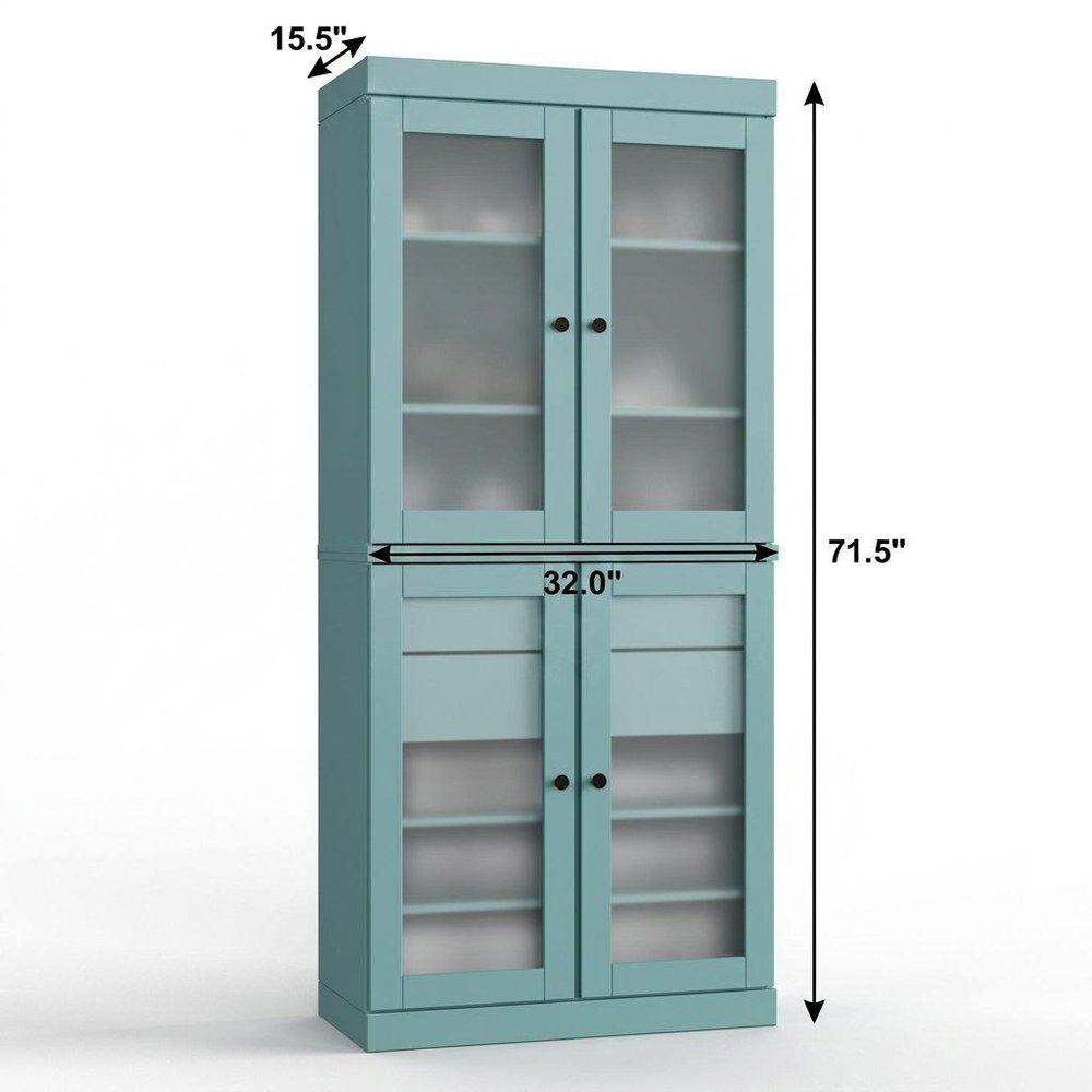 32" Aqua Solid Wood Glass Panel Inlay Double Door Linen Cabinet