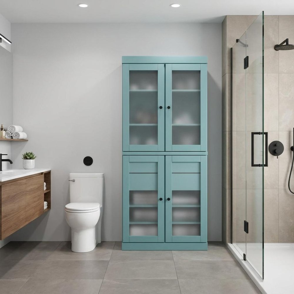 32" Aqua Solid Wood Glass Panel Inlay Double Door Linen Cabinet