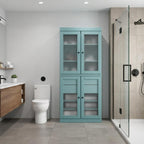 32" Aqua Solid Wood Glass Panel Inlay Double Door Linen Cabinet