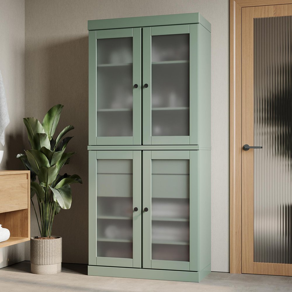 32" Sage Solid Wood Glass Panel Inlay Double Door Linen Cabinet