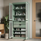 32" Sage Solid Wood Glass Panel Inlay Double Door Linen Cabinet