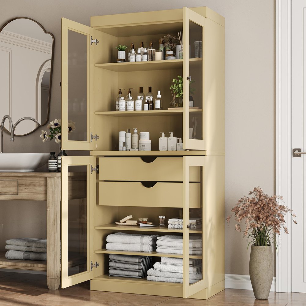32" Yellow Solid Wood Glass Panel Inlay Double Door Linen Cabinet