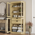 32" Yellow Solid Wood Glass Panel Inlay Double Door Linen Cabinet