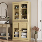 32" Yellow Solid Wood Glass Panel Inlay Double Door Linen Cabinet