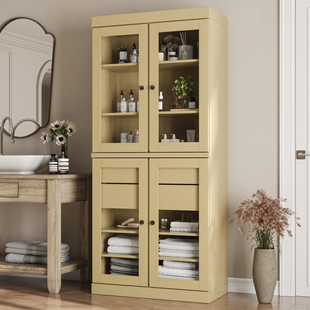 32" Yellow Solid Wood Glass Panel Inlay Double Door Linen Cabinet