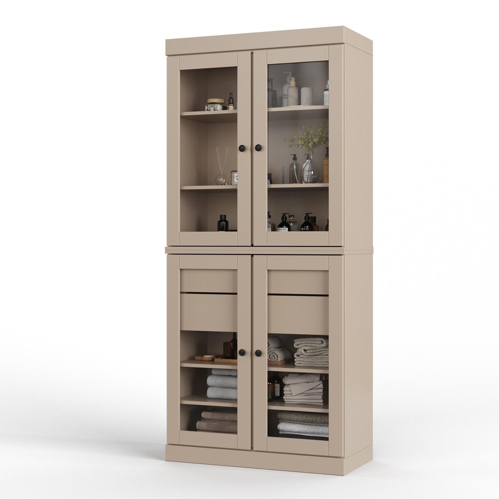32" Beige Solid Wood Glass Panel Inlay Double Door Linen Cabinet