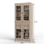 32" Beige Solid Wood Glass Panel Inlay Double Door Linen Cabinet