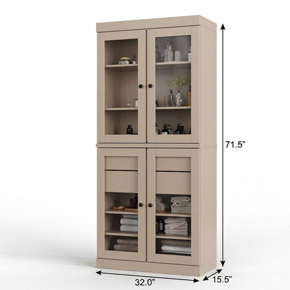 32" Beige Solid Wood Glass Panel Inlay Double Door Linen Cabinet