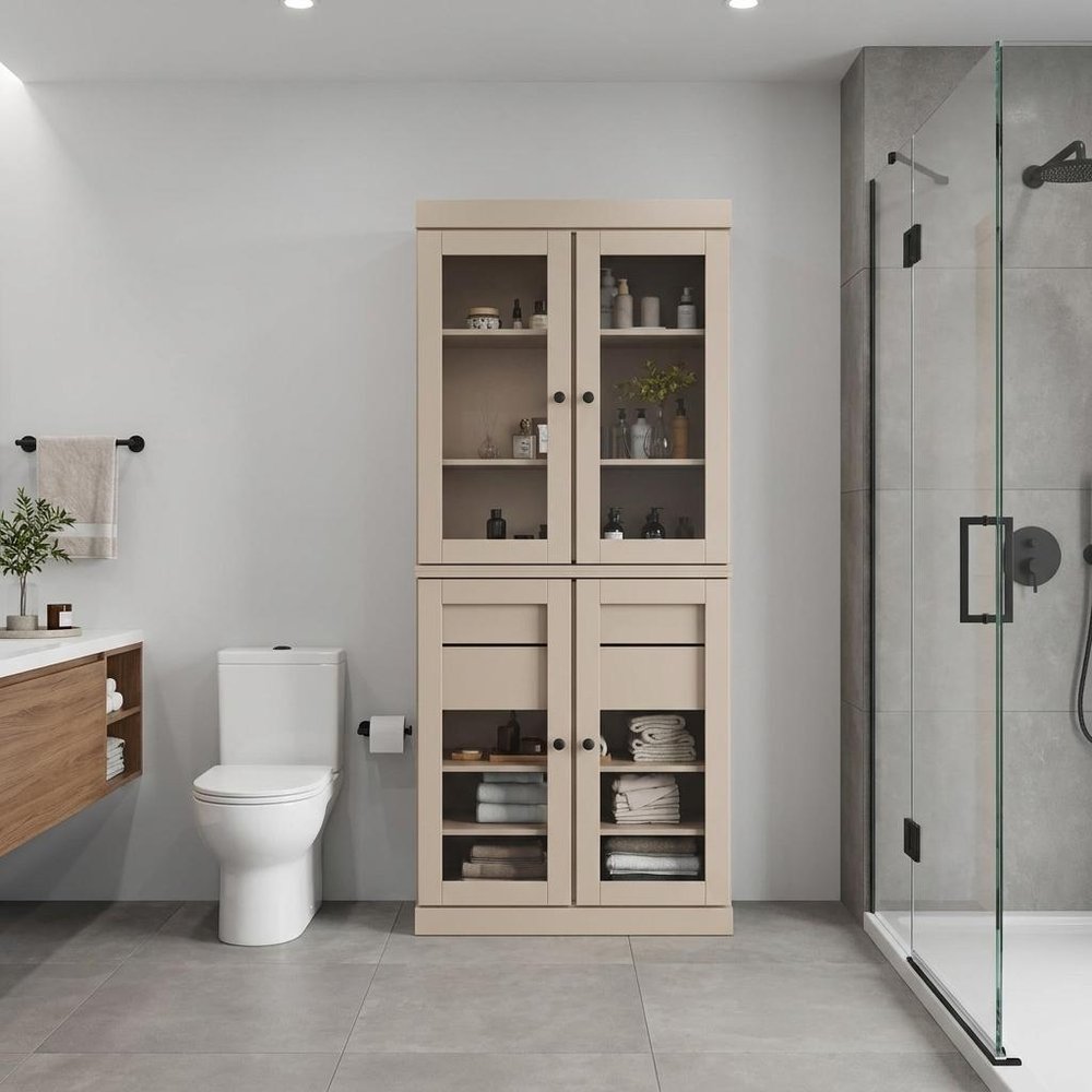 32" Beige Solid Wood Glass Panel Inlay Double Door Linen Cabinet