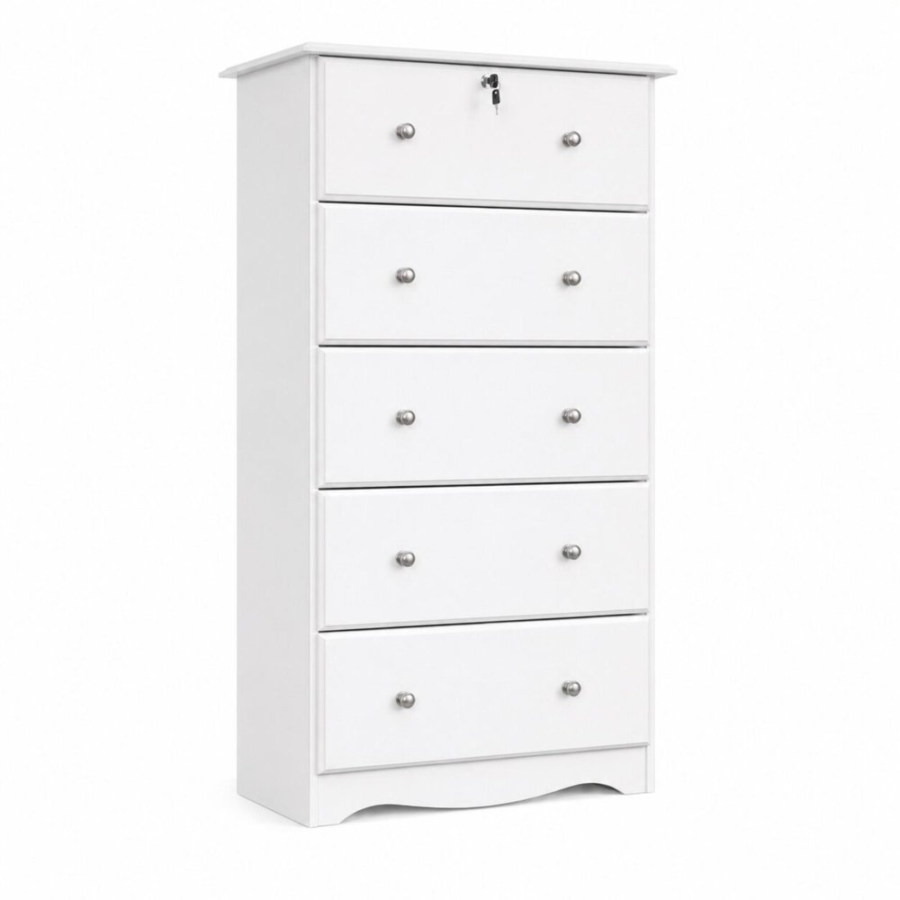 32" White Solid Wood Five Drawer Dresser