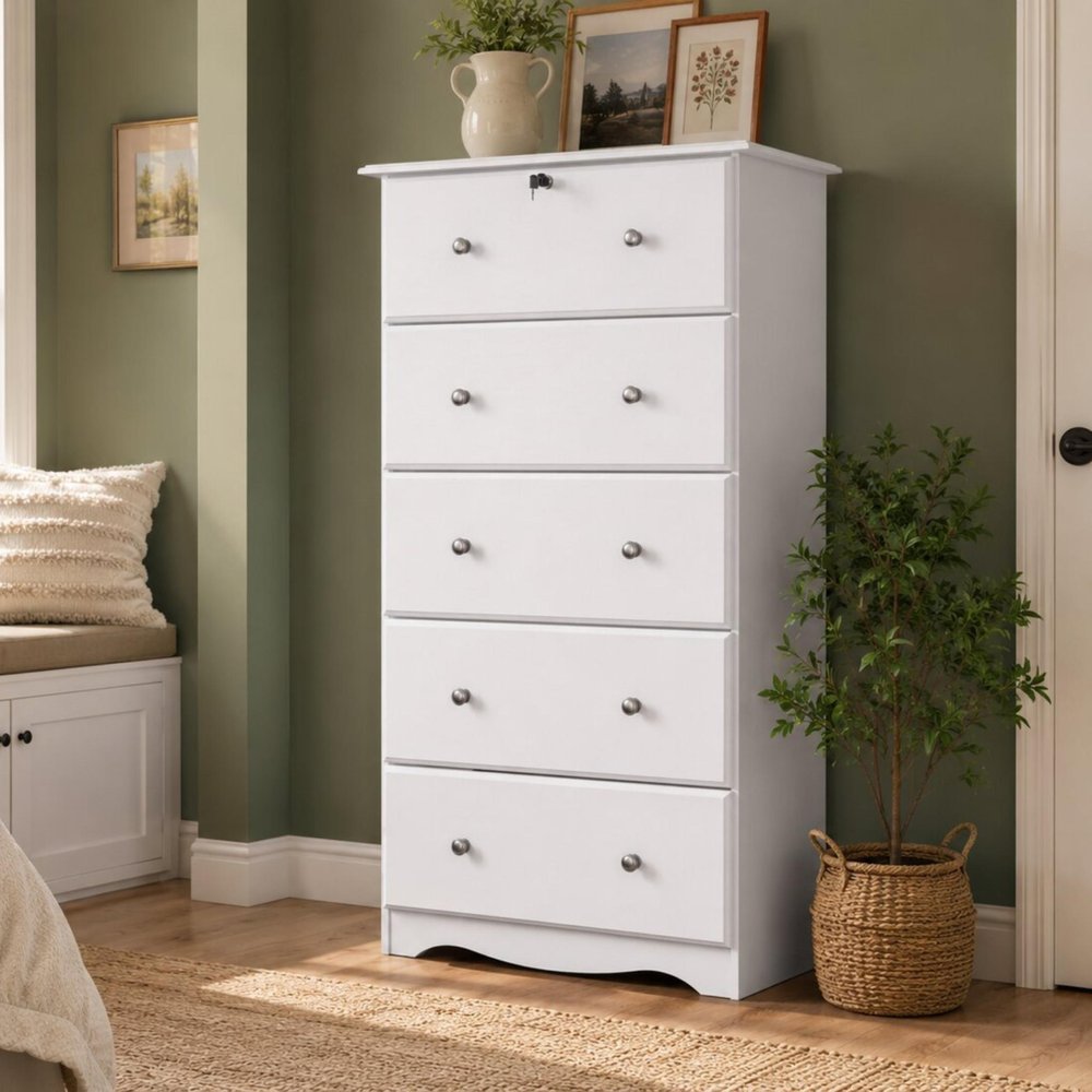 32" White Solid Wood Five Drawer Dresser