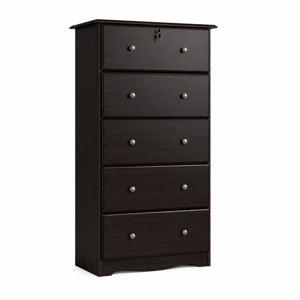 32" Coffee Solid Wood Five Drawer Dresser
