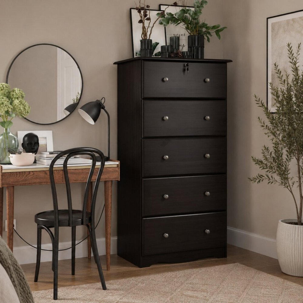 32" Coffee Solid Wood Five Drawer Dresser