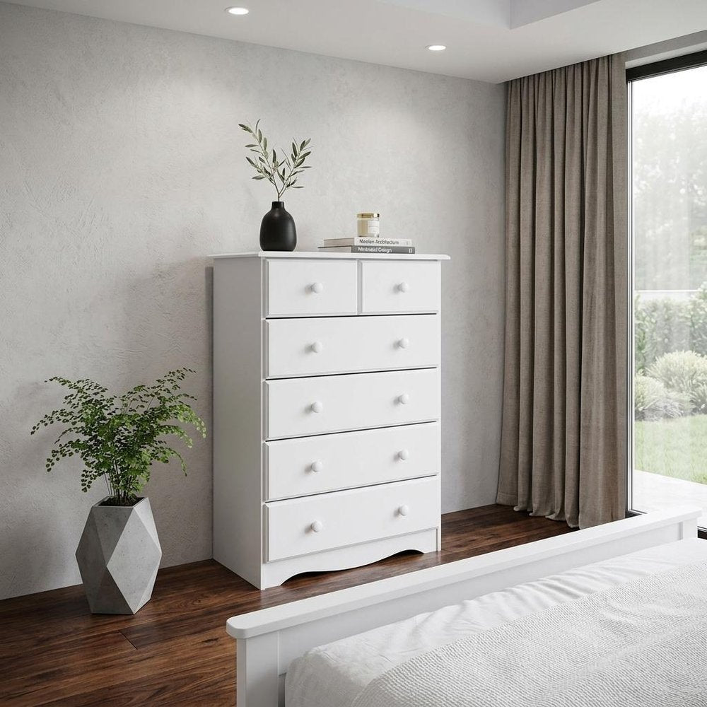 32" White Solid Wood Six Drawer Dresser