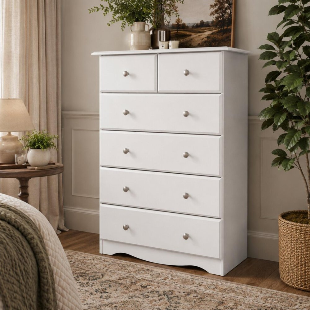 32" White Solid Wood Six Drawer Dresser